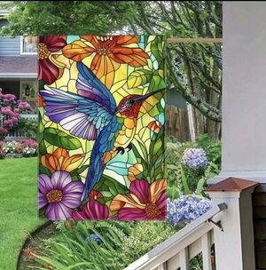 Vibrant Hummingbird Stained-Glass Appearing Garden Flag